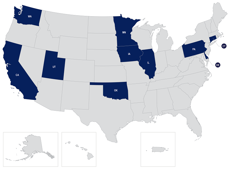 U.S. map graphic denoting the States receiving FY22-23 Advanced Digital Construction Management System Grant Recipients